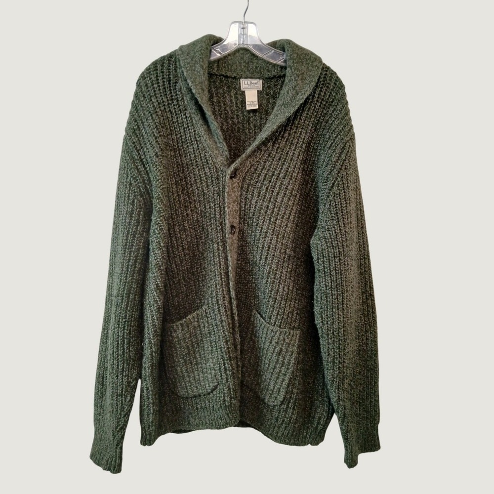 LL Bean Mens XL Lambswool Shawl Collar Cardigan Sweater Green Ribbed 511548